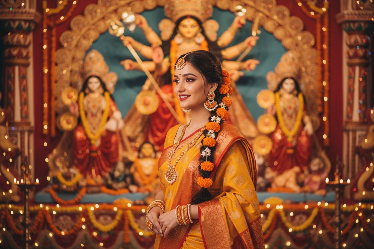 Yellow & Orange Saree with Floral Accessories