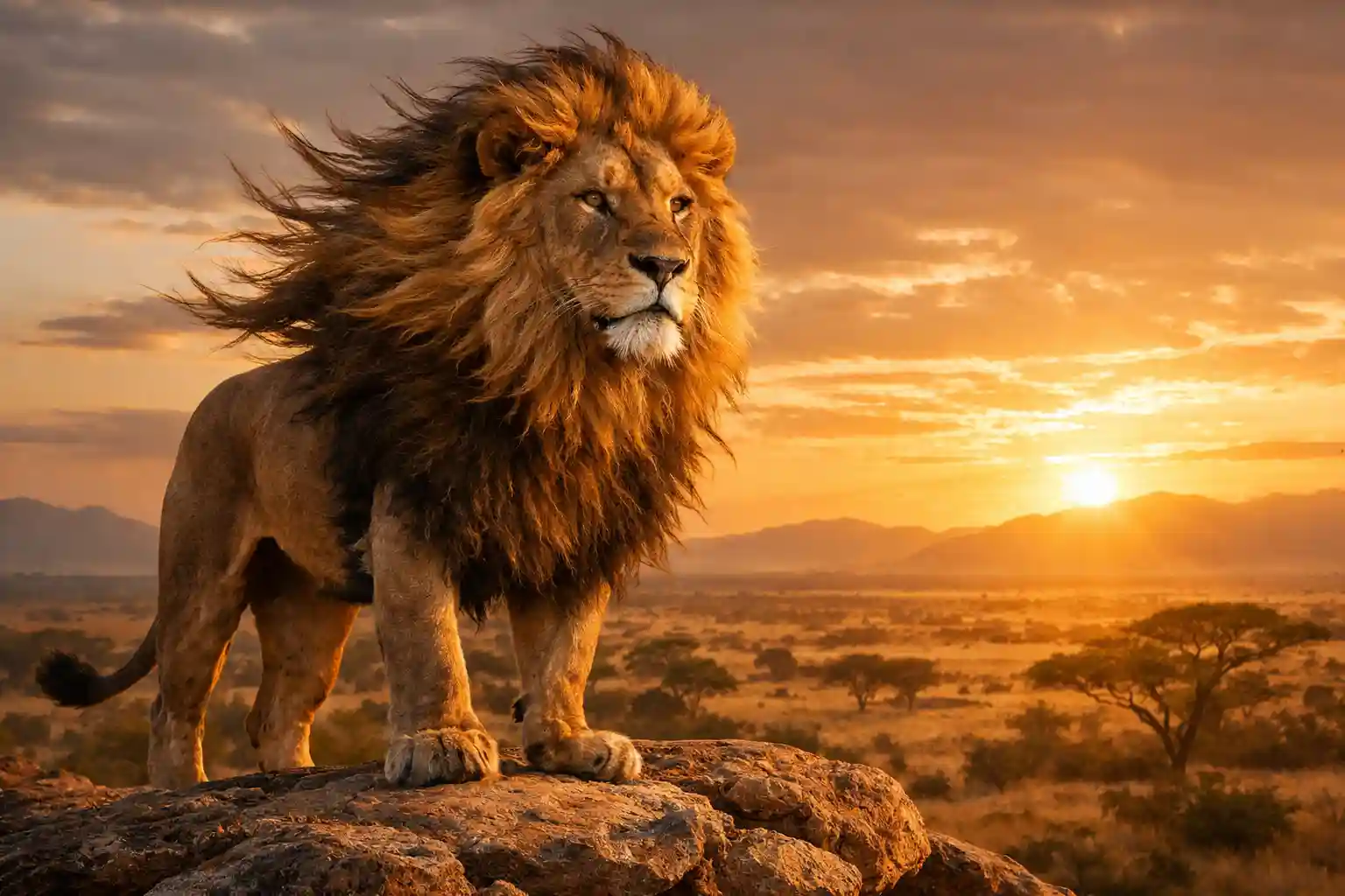 Lion on savanna rock at sunset — source image for Pixazo AI animation