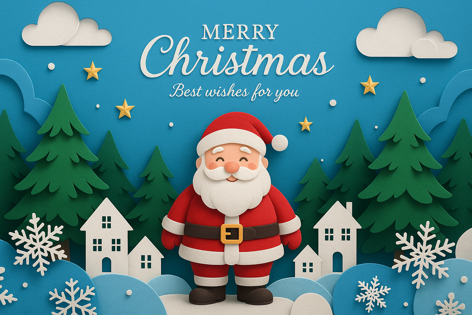 AI-generated paper-cut Christmas card showing Santa Claus surrounded by pine trees, white village houses, golden stars, and snowflakes on a blue background with Merry Christmas text